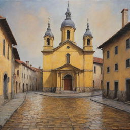 An oil painting depicting a vintage yellow church, intricately detailed and flanked by antique cobblestone streets