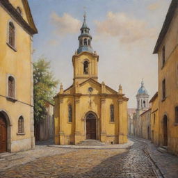 An oil painting depicting a vintage yellow church, intricately detailed and flanked by antique cobblestone streets