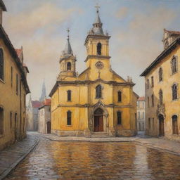 An oil painting depicting a vintage yellow church, intricately detailed and flanked by antique cobblestone streets