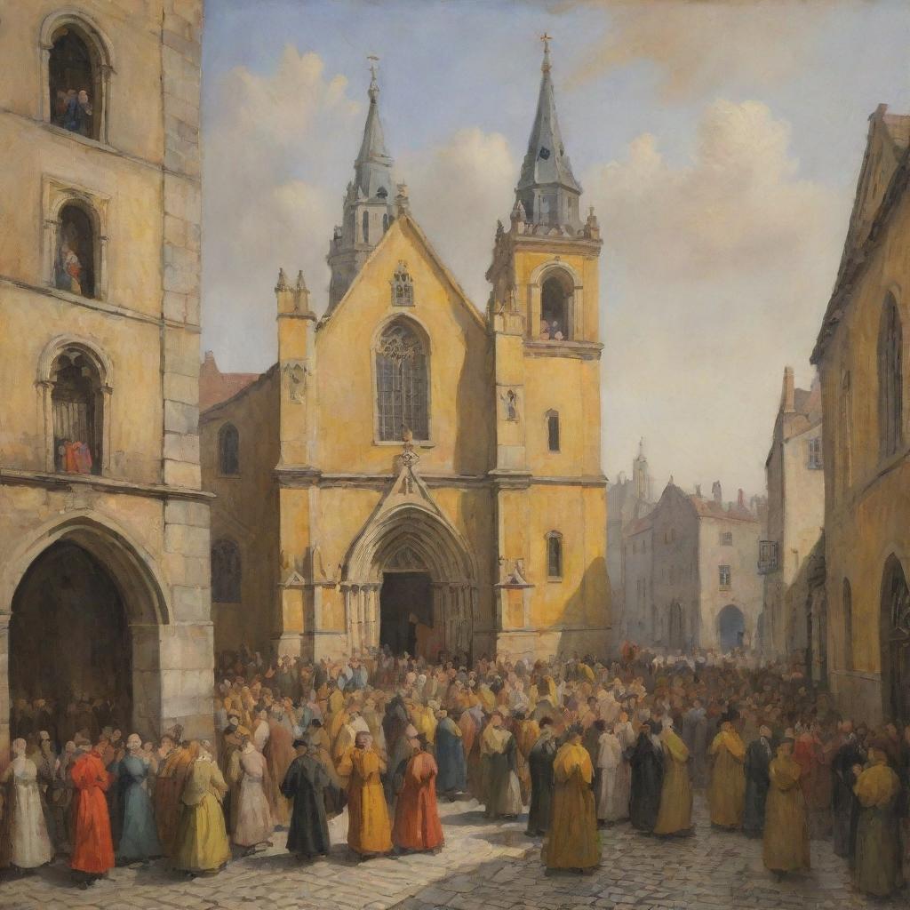 An oil painting showing an antique yellow church, surrounded by cobbled streets bustling with lively people