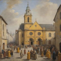 An oil painting showing an antique yellow church, surrounded by cobbled streets bustling with lively people