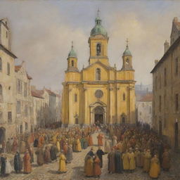 An oil painting showing an antique yellow church, surrounded by cobbled streets bustling with lively people