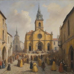 An oil painting showing an antique yellow church, surrounded by cobbled streets bustling with lively people