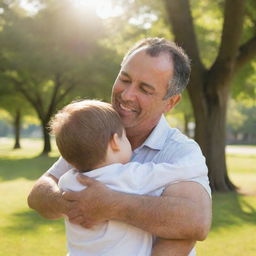 A tender moment between a father and his child, sharing a loving hug in a sunny park. The expressions are full of warmth and affection.