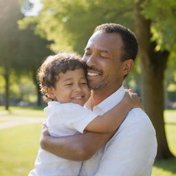 A tender moment between a father and his child, sharing a loving hug in a sunny park. The expressions are full of warmth and affection.