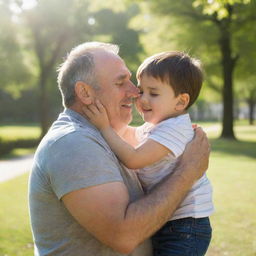 A tender moment between a father and his child, sharing a loving hug in a sunny park. The expressions are full of warmth and affection.