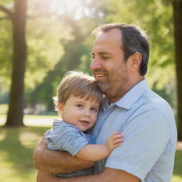 A tender moment between a father and his child, sharing a loving hug in a sunny park. The expressions are full of warmth and affection.