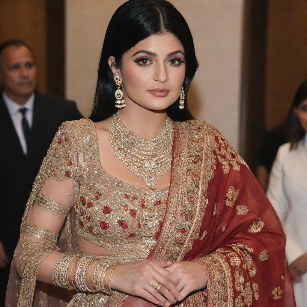 Kylie Jenner adorned in a traditional Indian dress. She should look elegant and respectful of the culture