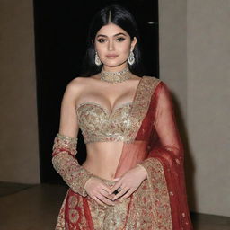 Kylie Jenner adorned in a traditional Indian dress. She should look elegant and respectful of the culture