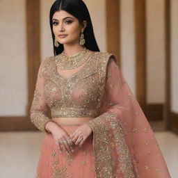 Kylie Jenner adorned in a traditional Indian dress. She should look elegant and respectful of the culture