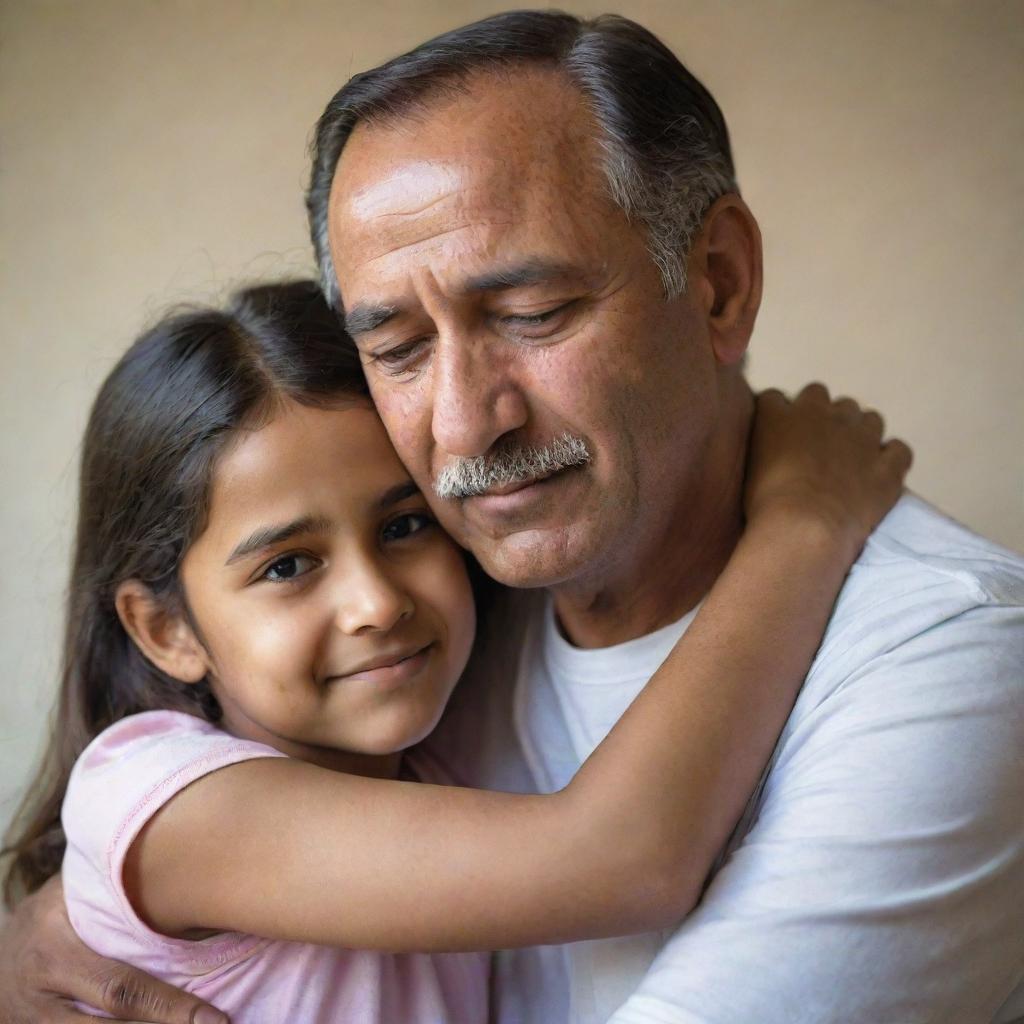 A scene depicting a young girl hugging her father with immense love and adoration. Their expressions reflect deep affection and happiness.