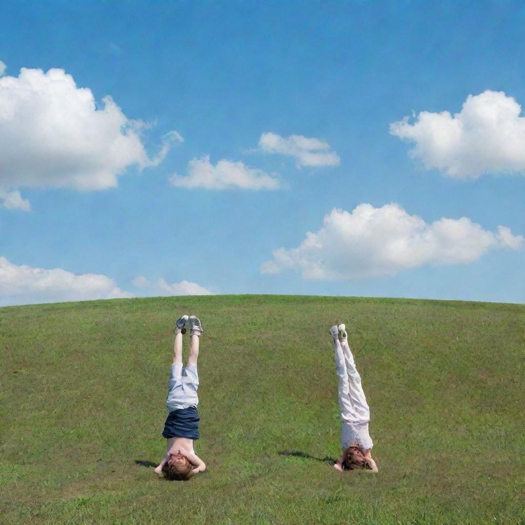 A girl and a boy standing inverted with their heads on the ground, positioned on a green hill under the blue sky.