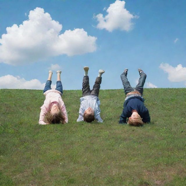 A girl and a boy standing inverted with their heads on the ground, positioned on a green hill under the blue sky.