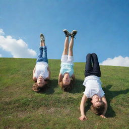 A girl and a boy standing inverted with their heads on the ground, positioned on a green hill under the blue sky.