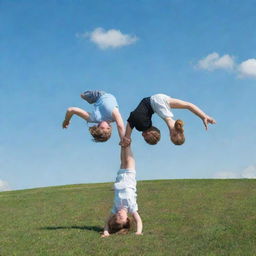 A girl and a boy standing inverted with their heads on the ground, positioned on a green hill under the blue sky.