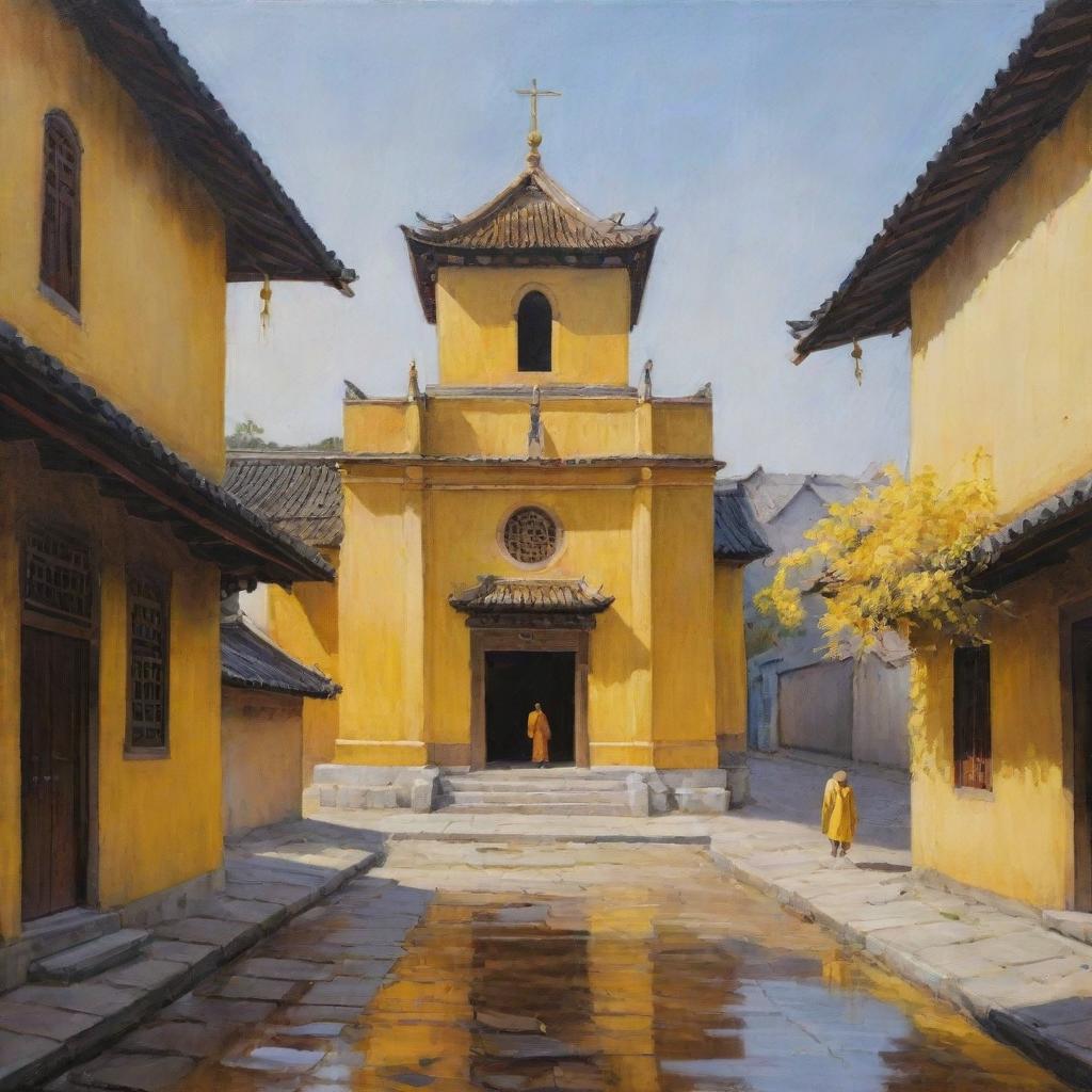 An oil painting showcasing an ancient Asian church bathed in hues of yellow, located on a quiet street with a few people subtly present