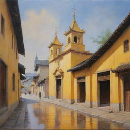 An oil painting showcasing an ancient Asian church bathed in hues of yellow, located on a quiet street with a few people subtly present