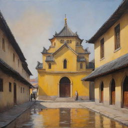 An oil painting showcasing an ancient Asian church bathed in hues of yellow, located on a quiet street with a few people subtly present