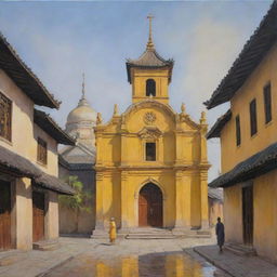 An oil painting showcasing an ancient Asian church bathed in hues of yellow, located on a quiet street with a few people subtly present