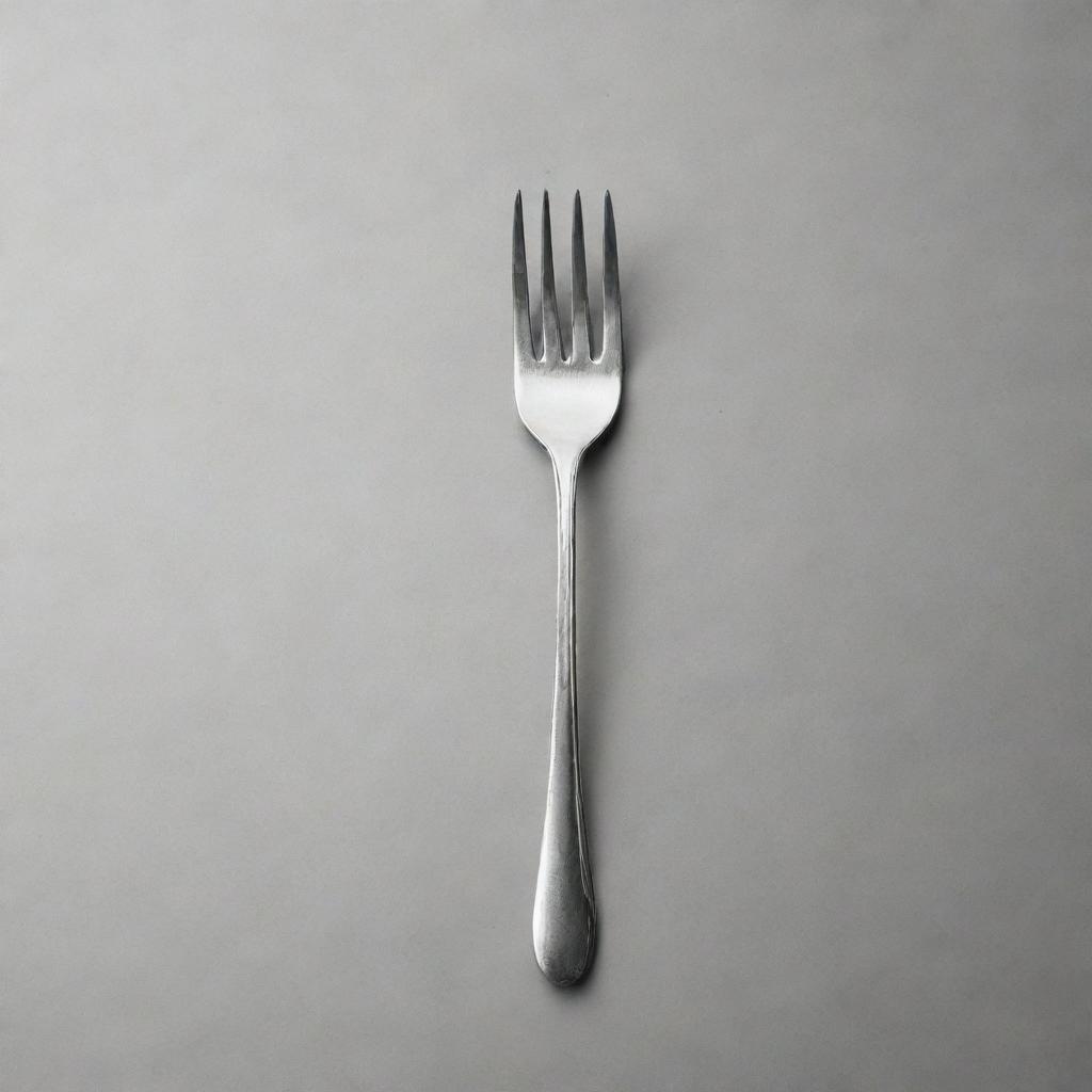 A shiny silver fork with detailed prongs on a monochrome background.