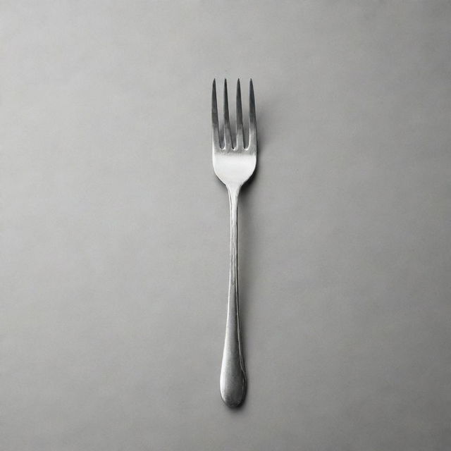 A shiny silver fork with detailed prongs on a monochrome background.