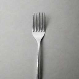 A shiny silver fork with detailed prongs on a monochrome background.