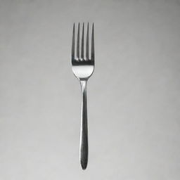 A shiny silver fork with detailed prongs on a monochrome background.