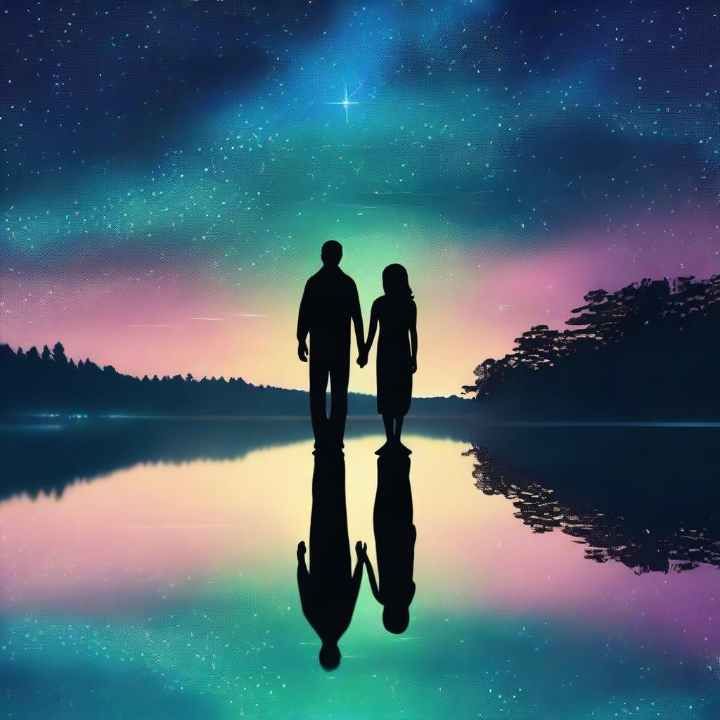 This is a high-quality digital art piece depicting a man and woman standing before a serene lake under a starry sky