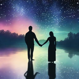 This is a high-quality digital art piece depicting a man and woman standing before a serene lake under a starry sky