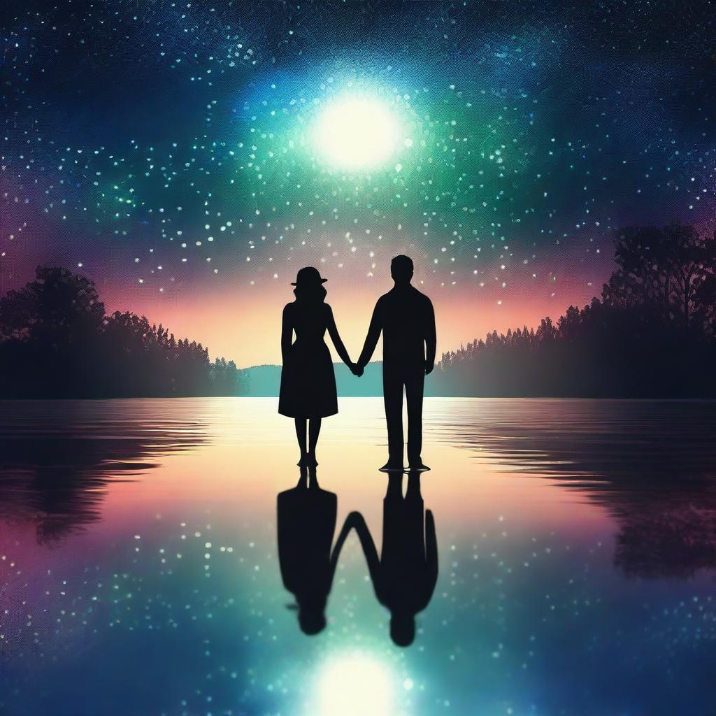 This is a high-quality digital art piece depicting a man and woman standing before a serene lake under a starry sky