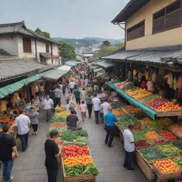 A vibrant and bustling Shoka market, brimming with fresh produce, colourful textiles, and busy shoppers against the backdrop of traditional architecture.