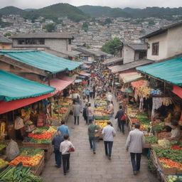 A vibrant and bustling Shoka market, brimming with fresh produce, colourful textiles, and busy shoppers against the backdrop of traditional architecture.