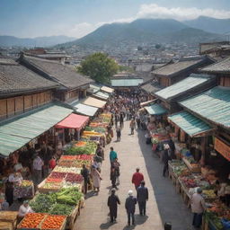 A vibrant and bustling Shoka market, brimming with fresh produce, colourful textiles, and busy shoppers against the backdrop of traditional architecture.