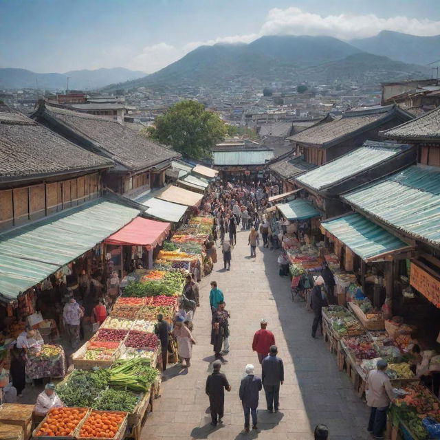 A vibrant and bustling Shoka market, brimming with fresh produce, colourful textiles, and busy shoppers against the backdrop of traditional architecture.