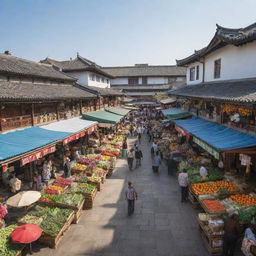 A vibrant and bustling Shoka market, brimming with fresh produce, colourful textiles, and busy shoppers against the backdrop of traditional architecture.