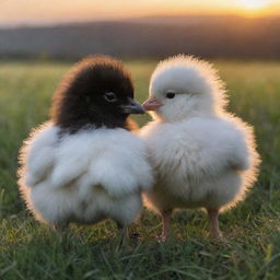 Two fluffy chicks, one black, one white, huddled together in a vast lush meadow at dusk with the sun dipping below the horizon.