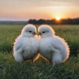 Two fluffy chicks, one black, one white, huddled together in a vast lush meadow at dusk with the sun dipping below the horizon.