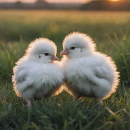 Two fluffy chicks, one black, one white, huddled together in a vast lush meadow at dusk with the sun dipping below the horizon.