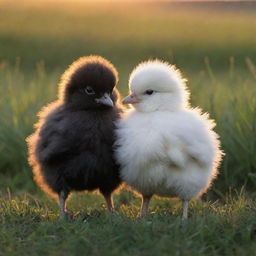 Two fluffy chicks, one black, one white, huddled together in a vast lush meadow at dusk with the sun dipping below the horizon.