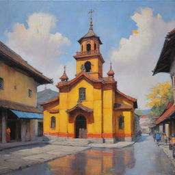 An oil painting capturing an old Asian church painted with vibrant strokes of yellow and orange, situated on a peaceful street adorned by a handful of people