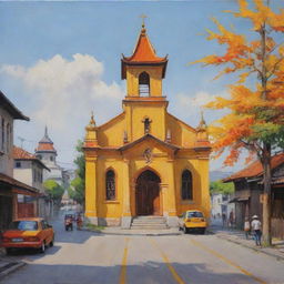 An oil painting capturing an old Asian church painted with vibrant strokes of yellow and orange, situated on a peaceful street adorned by a handful of people