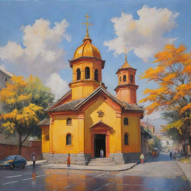 An oil painting capturing an old Asian church painted with vibrant strokes of yellow and orange, situated on a peaceful street adorned by a handful of people