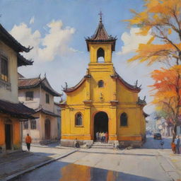 An oil painting capturing an old Asian church painted with vibrant strokes of yellow and orange, situated on a peaceful street adorned by a handful of people