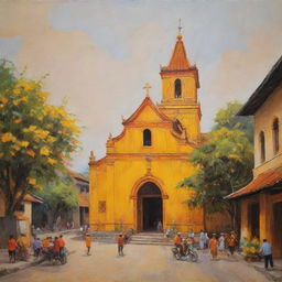 An oil painting interpreting an ancient Vietnamese church, swathed in a warm palette of yellow and orange, set against a street hosting a few individuals