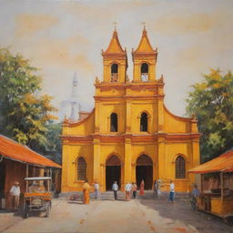 An oil painting interpreting an ancient Vietnamese church, swathed in a warm palette of yellow and orange, set against a street hosting a few individuals