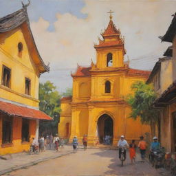 An oil painting interpreting an ancient Vietnamese church, swathed in a warm palette of yellow and orange, set against a street hosting a few individuals