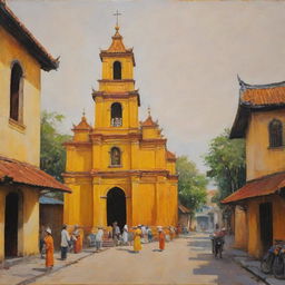 An oil painting interpreting an ancient Vietnamese church, swathed in a warm palette of yellow and orange, set against a street hosting a few individuals