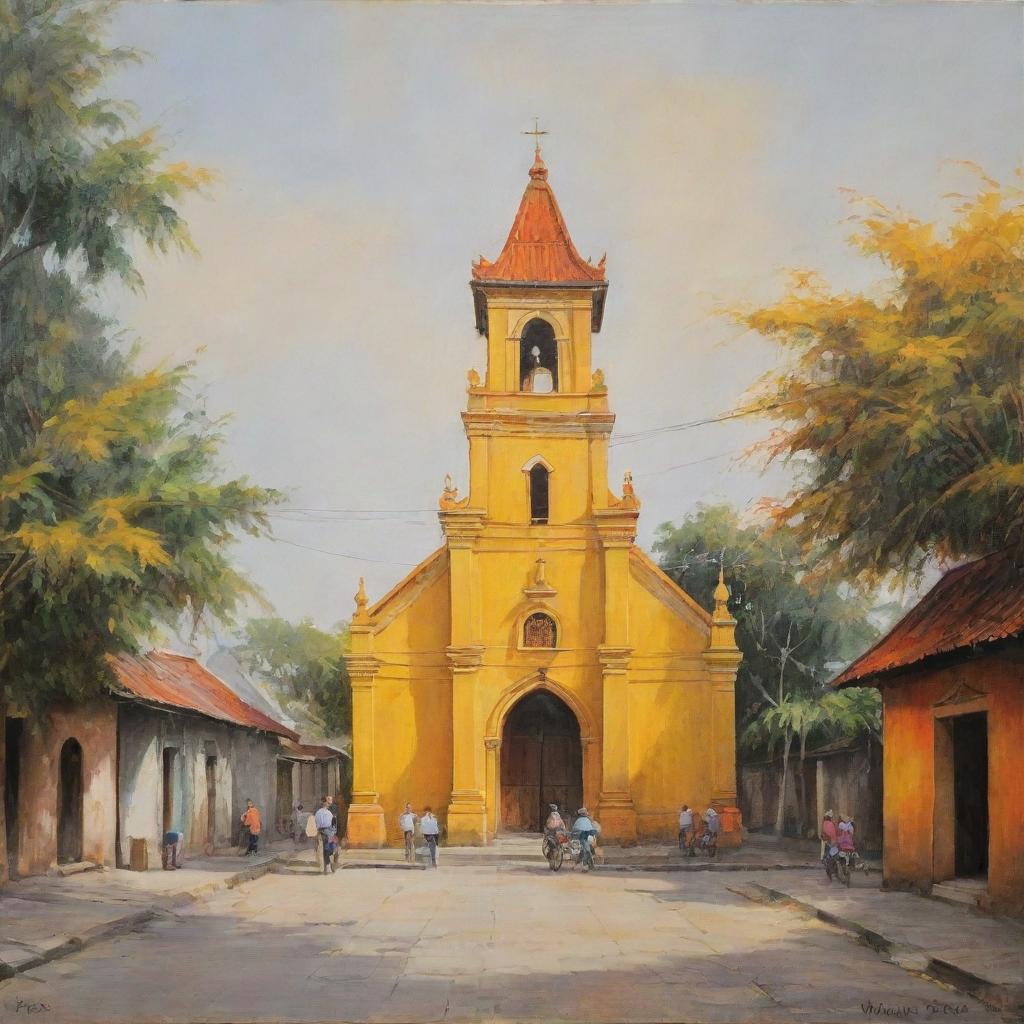 A painting of an old Vietnamese church, bathed in a color scheme of yellow and orange, set in a tranquil street scene populated by a small group of people