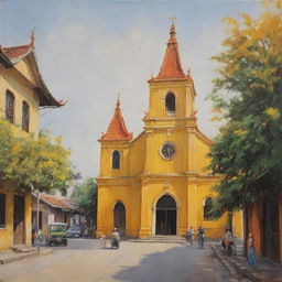 A painting of an old Vietnamese church, bathed in a color scheme of yellow and orange, set in a tranquil street scene populated by a small group of people