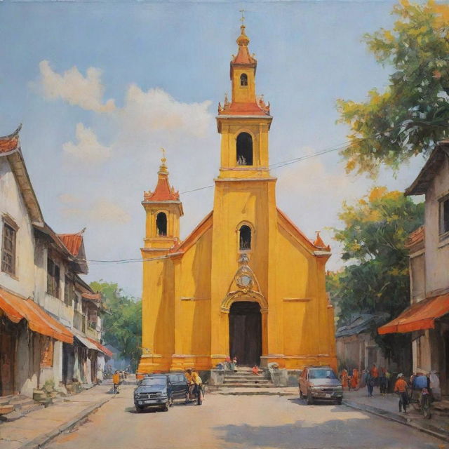 A painting of an old Vietnamese church, bathed in a color scheme of yellow and orange, set in a tranquil street scene populated by a small group of people